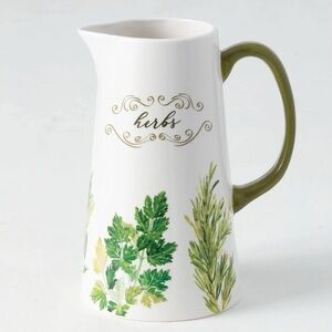 New SULLIVANGIFT Ceramic Pitcher Herbs Painted Drink Container Green White 9.5”
